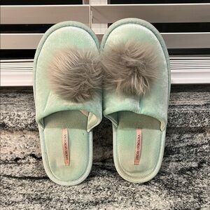 Victoria's Secret Light Green Slippers with Fluffy Pom